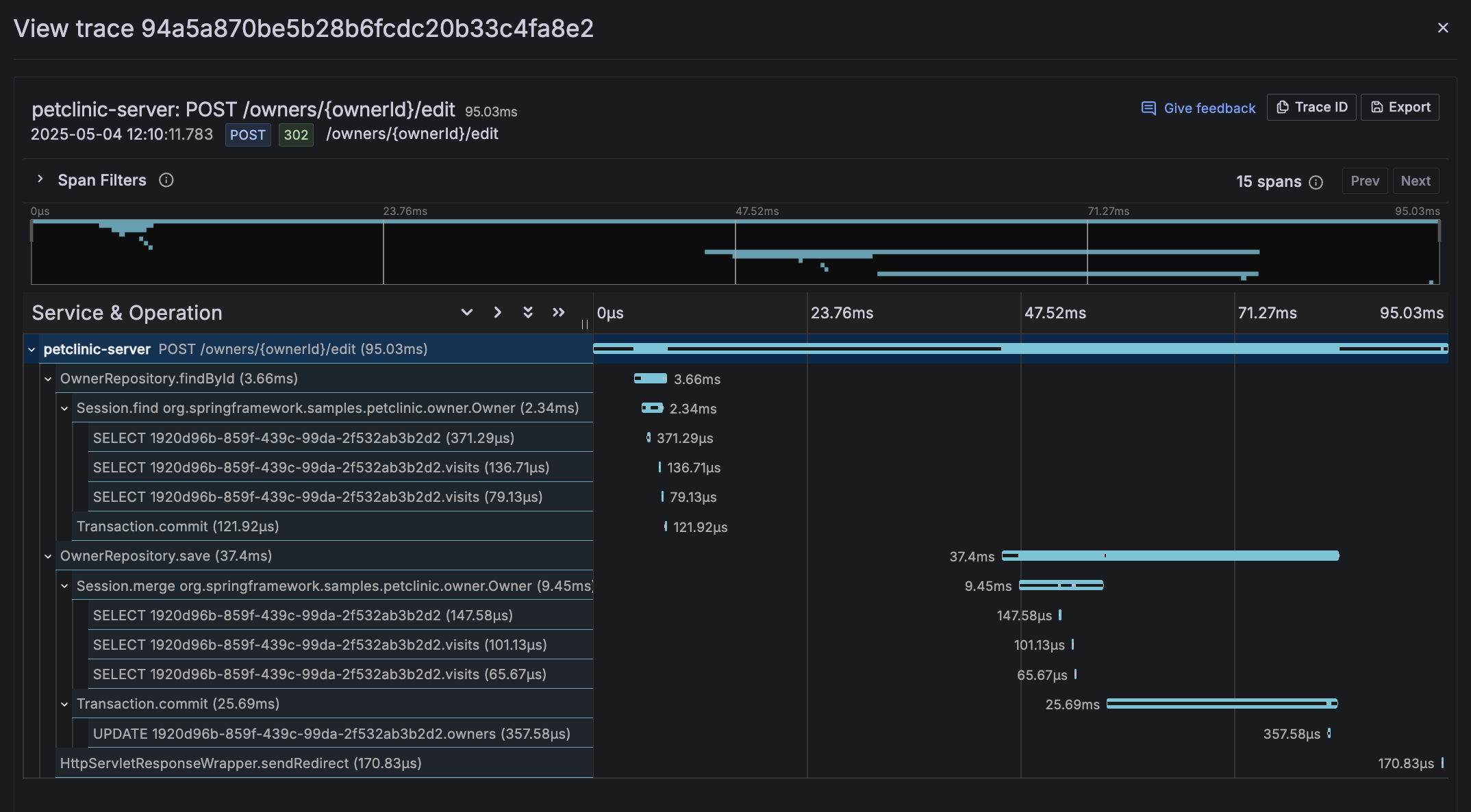 trace detail page example in grafana