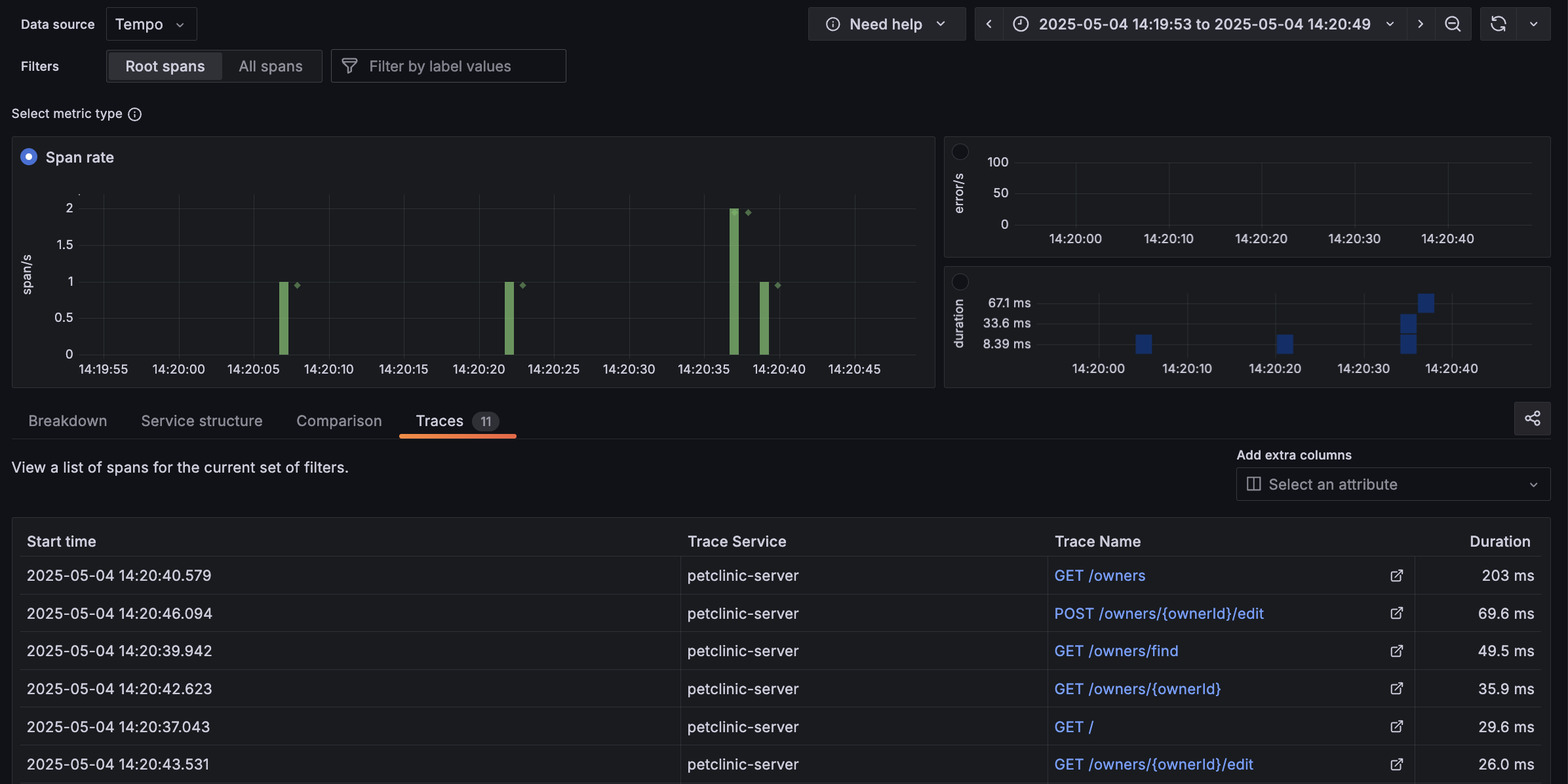 trace page example in grafana