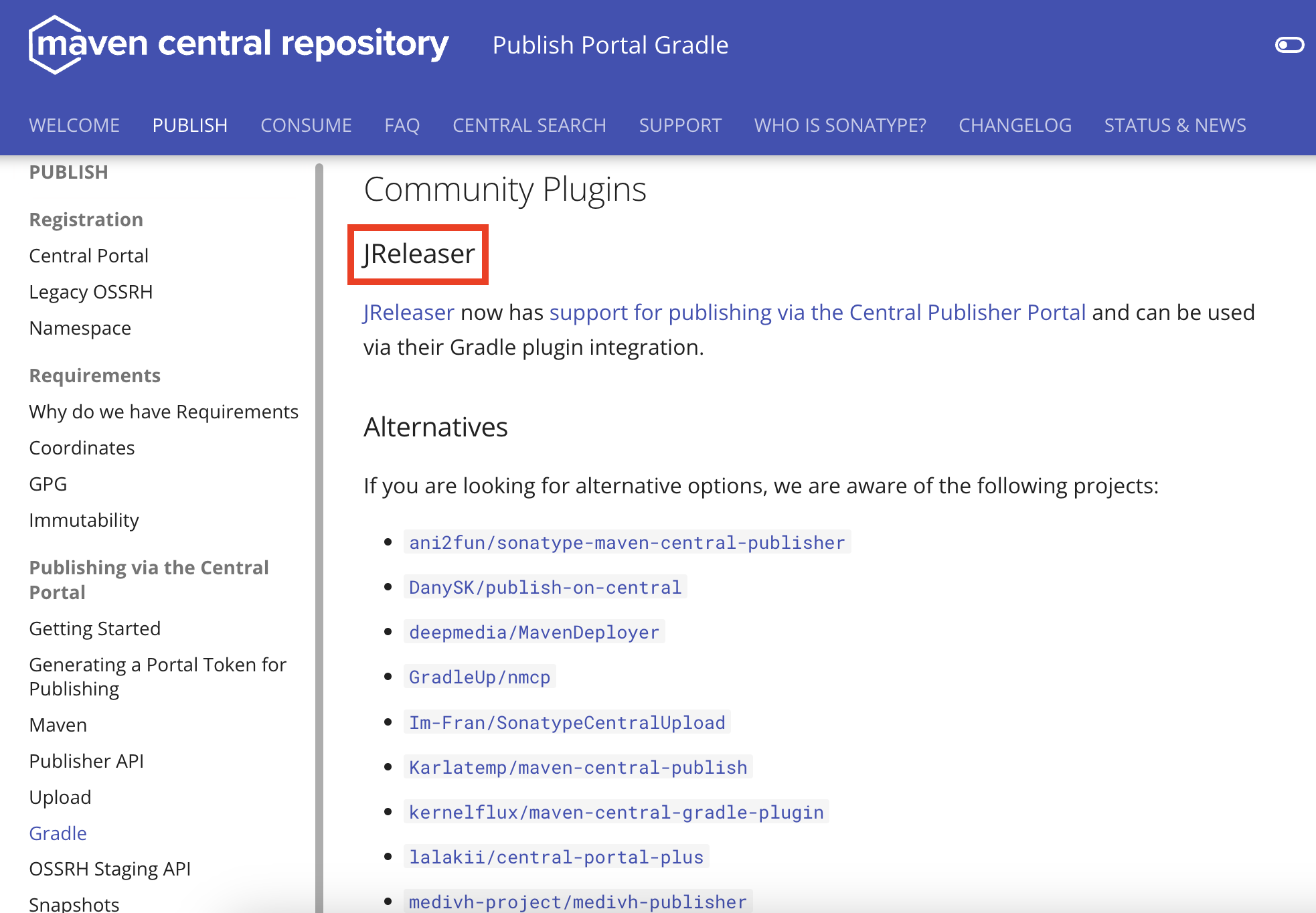 maven central publish plugin list